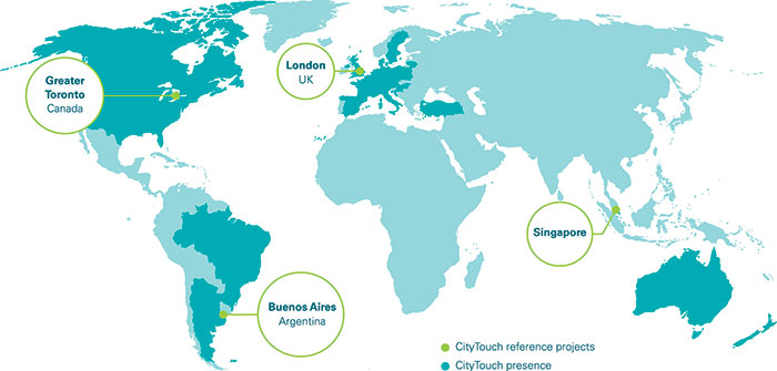 Carte indiquant les pays où CityTouch est utilisé