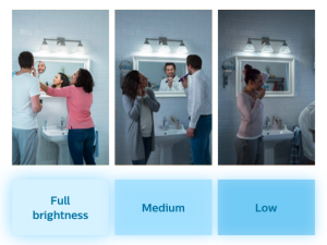 Effets de lumière dans une pièce avec une ampoule LED SceneSwitch Philips à l'aide de différents réglages de luminosité