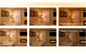 Comparaison des effets de lumière dans une pièce entre une ampoule LED WarmGlow Philips et une ampoule LED à intensité variable normale.