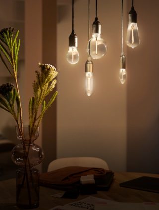 Les ampoules à filament LED d'inspiration vintage suspendues comme des suspensions créent une ambiance chaleureuse dans une salle à manger confortable, présentant des solutions d'éclairage Habitat économes en énergie et élégantes