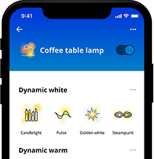 "Interface d'application WiZ pour lampes LED, affichant des préréglages d'éclairage blanc et chaud dynamiques pour un éclairage Habitat personnalisable. »